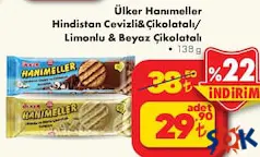 ÜLKER HANIMELLER HİNDİSTAN CEVİZLİ & ÇİKOLATALI /LİMONLU & BEYAZ ÇİKOLATALI KURABİYE 138 G fiyat ve kampanya bilgisi